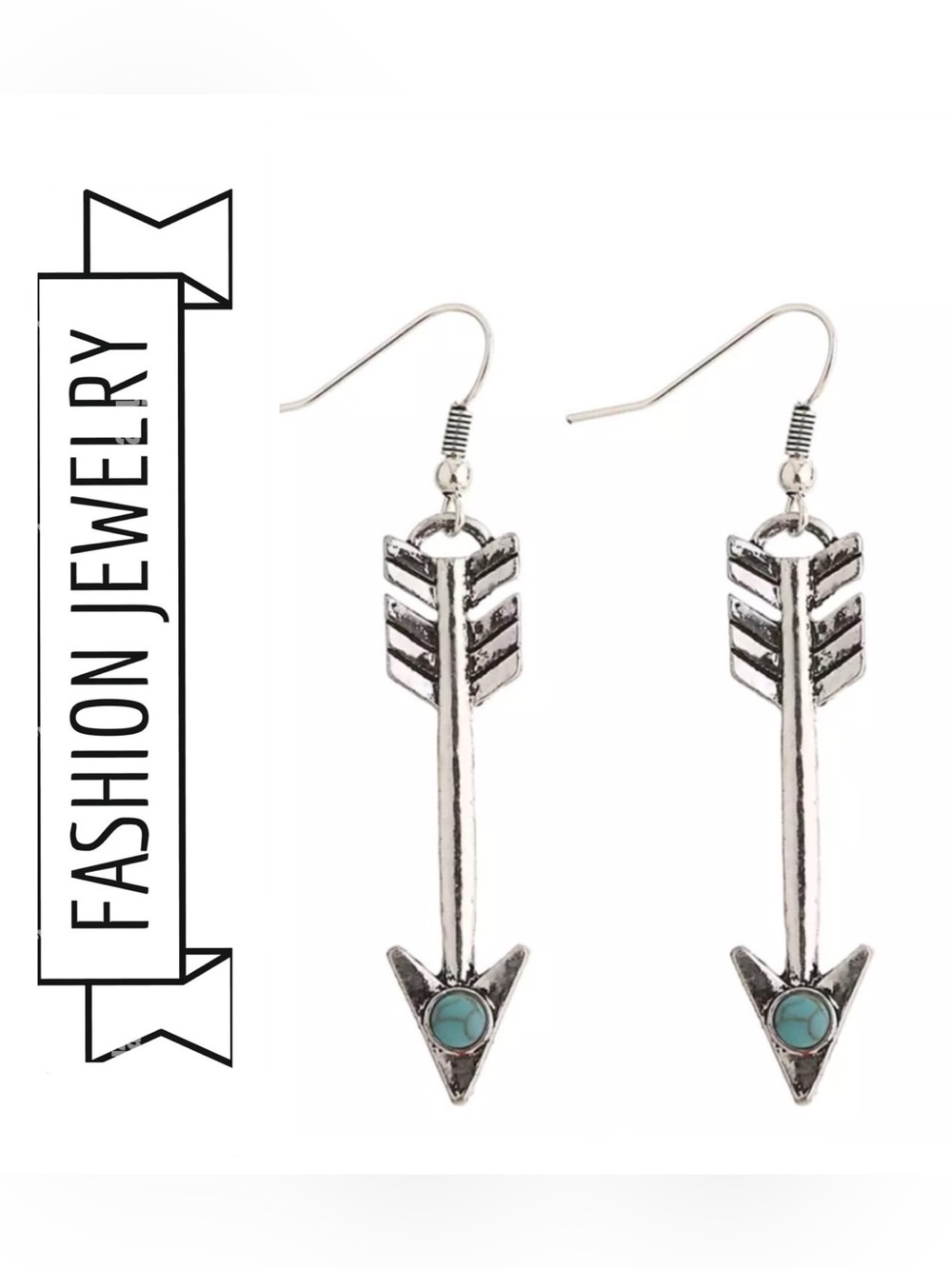 🌟🌟 Silver Tone Arrow Drop Earrings with Turquoise Stone